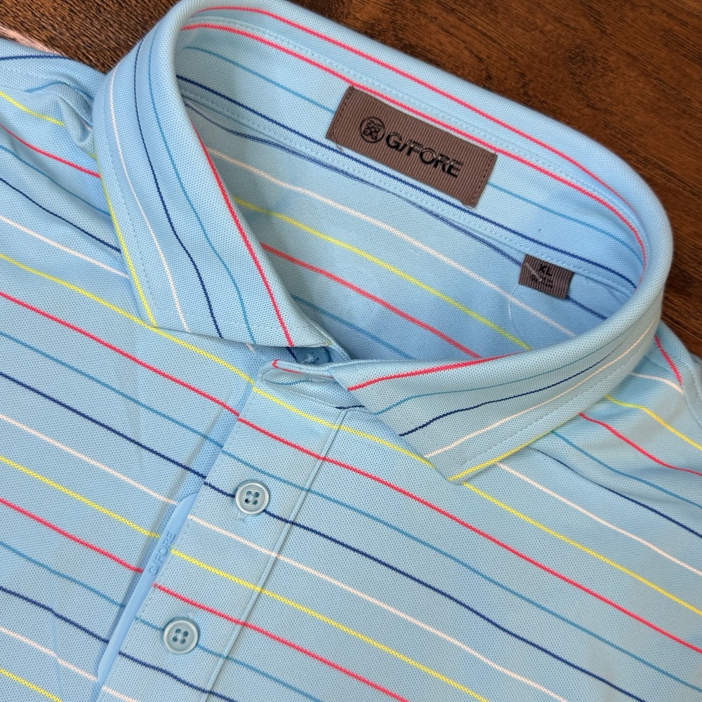 G/FORE Multi Stripe Tech Pique Polo Shirt Men's XL Golf Blue Stretch New $110